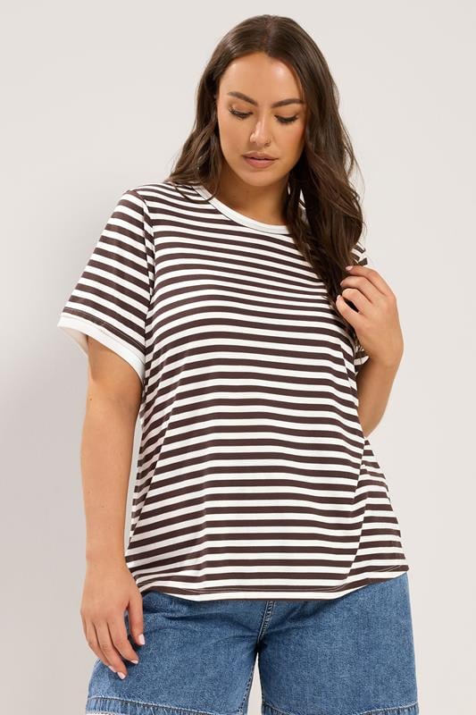  YOURS Curve chocoladebruin gestreept ringer T-shirt