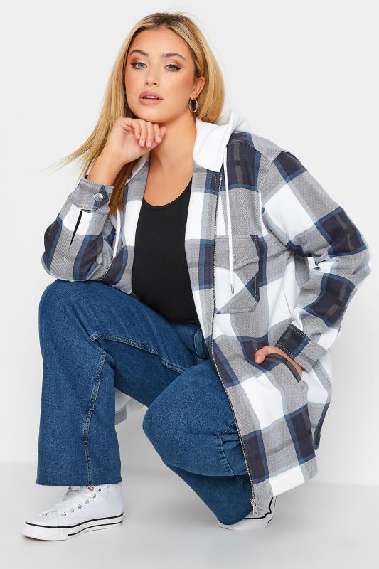 Plus Size Navy Blue Check Sweat Shacket | Yours Clothing 1