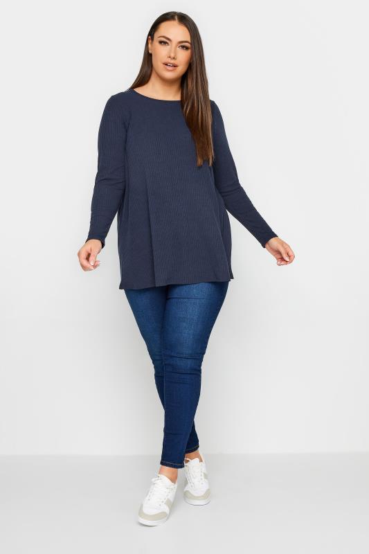 YOURS Plus Size Navy Blue Ribbed Swing T-Shirt | Yours Clothing 2