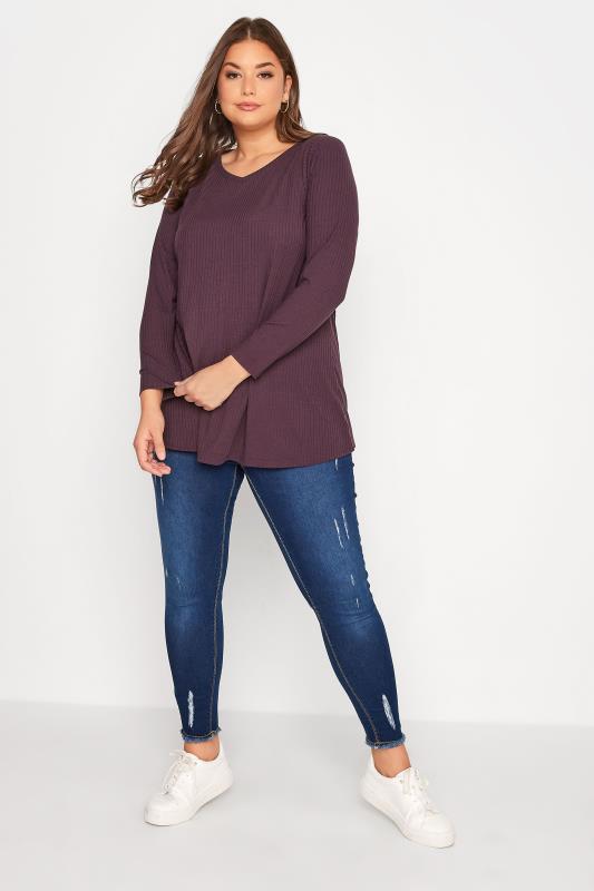 Plus Size Dark Purple Long Sleeve Ribbed Top | Yours Clothing 2