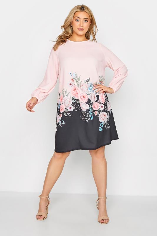 YOURS LONDON Curve Pink Floral Print Shift Dress_A.jpg