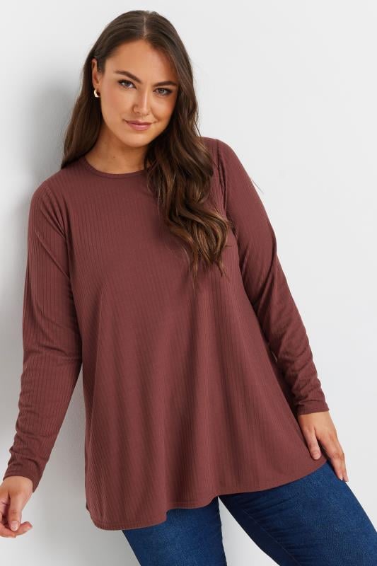 Plus Size  YOURS Curve Rust Brown Ribbed Swing T-Shirt