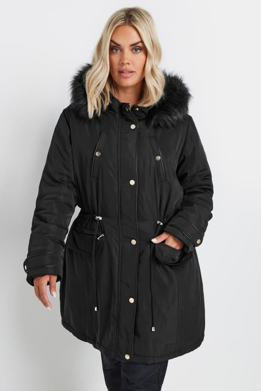 YOURS Plus Size Black Faux Fur Trim Plush Parka Jacket Yours Clothing