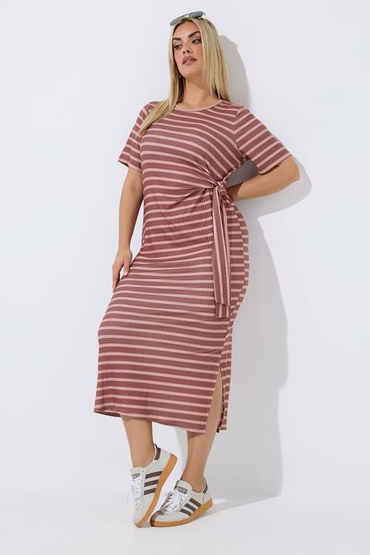 LIMITED COLLECTION Plus Size Pink Stripe Ribbed Knot Dress | Yours Clothing 1