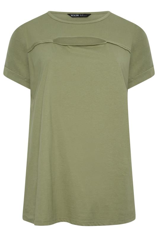 YOURS Plus Size Khaki Green Cut Out T-Shirt | Yours Clothing 7