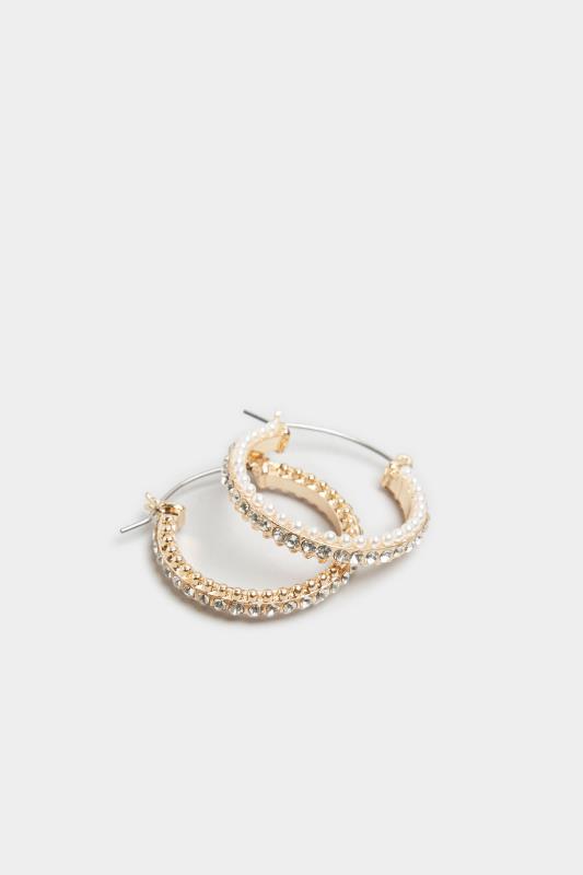Gold Tone Diamond & Pearl Encrusted Hoops | Yours Clothing 3