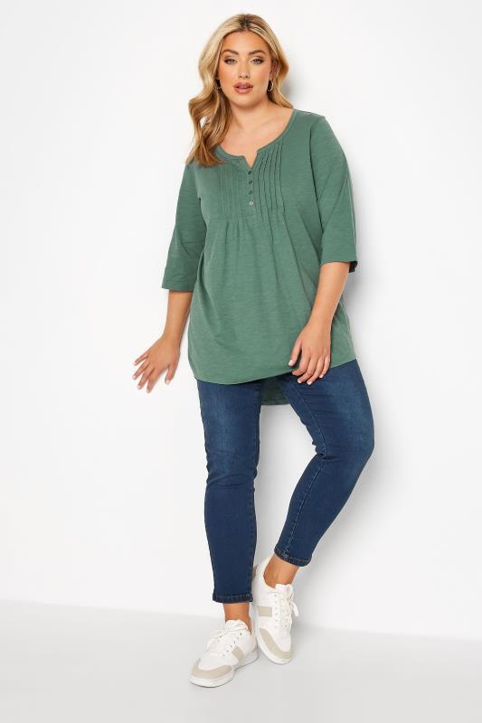 Plus Size Sage Green Pintuck Henley T-Shirt | Yours Clothing 2