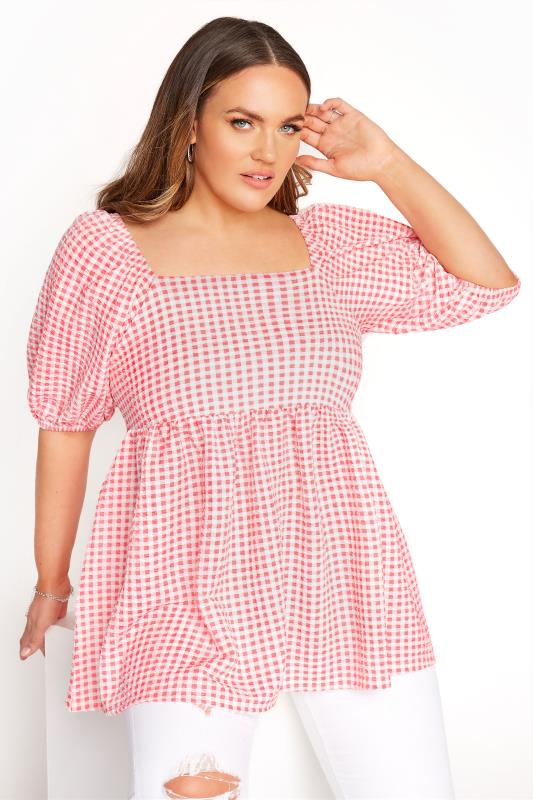 LIMITED COLLECTION Curve Coral Pink Gingham Milkmaid Top_A.jpg
