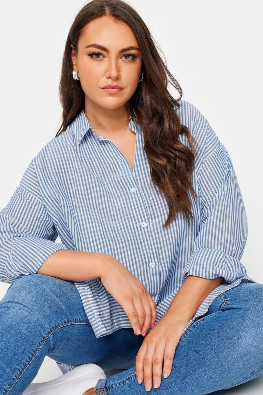 YOURS Plus Size Blue Pinstripe Linen Shirt | Yours Clothing  4