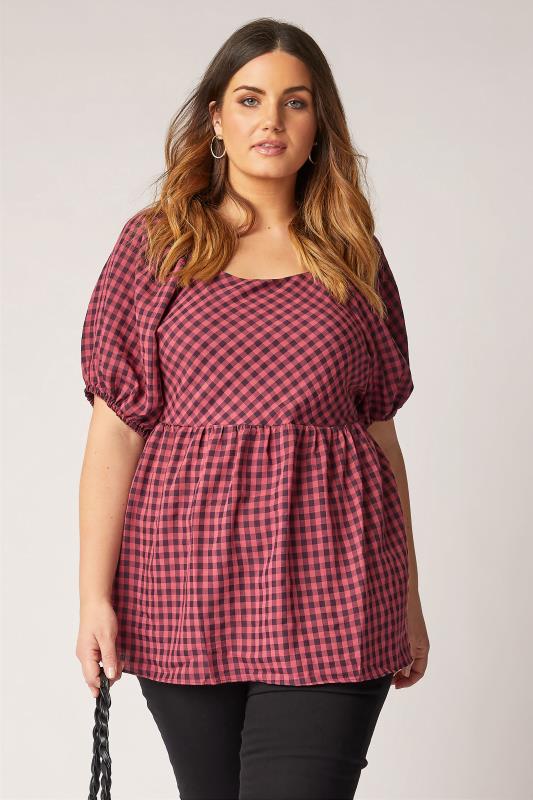 Plus Size  THE LIMITED EDIT Pink Gingham Milkmaid Peplum Top