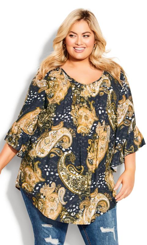  Grande Taille Evans Yellow Paisley Print Pintuck Tunic Top