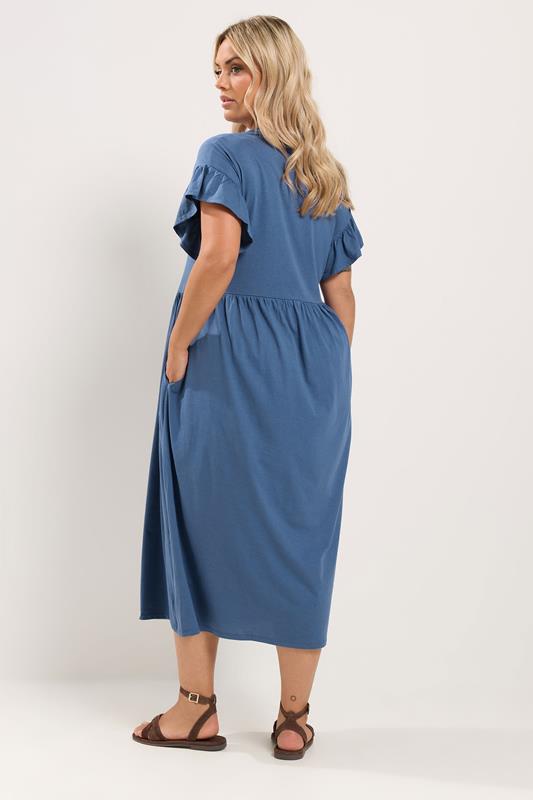 YOURS Plus Size Blue Frill Sleeve Cotton Maxi Dress | Yours Clothing 2