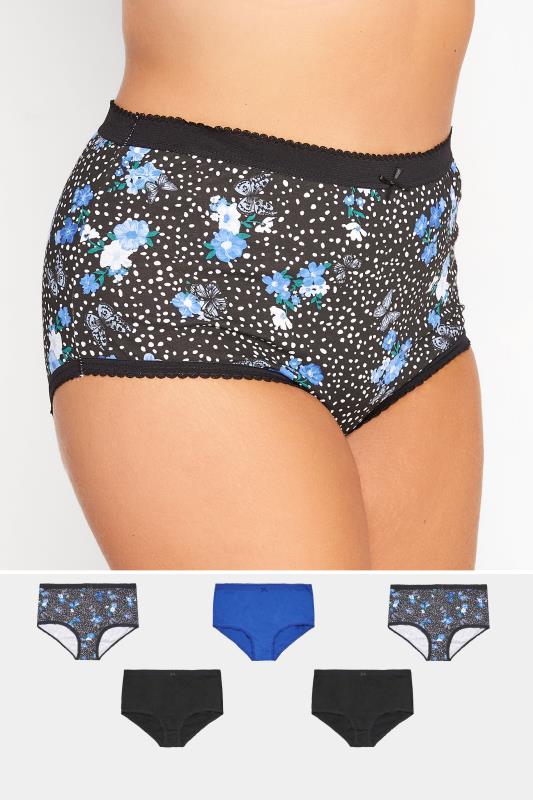 Plus Size 5 PACK Blue & Black Butterfly Floral Print High Waisted Full Briefs | Yours Clothing  1