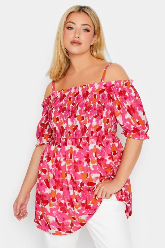 YOURS Plus Size Pink Floral Frill Cold Shoulder Top | Yours Clothing 2
