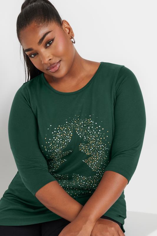 YOURS Plus Size Forest Green Diamante Christmas Tree Top | Yours Clothing  4