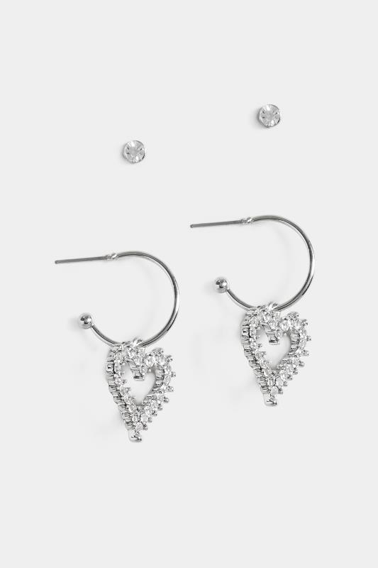 2 PACK Silver Heart Diamante Drop Earrings | Yours Clothing 2