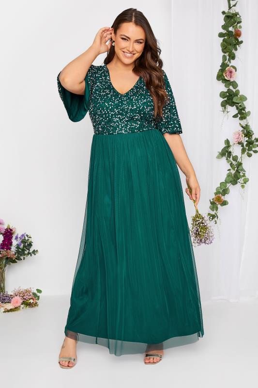  Grande Taille LUXE Curve Forest Green Sequin Hand Embellished Maxi Dress