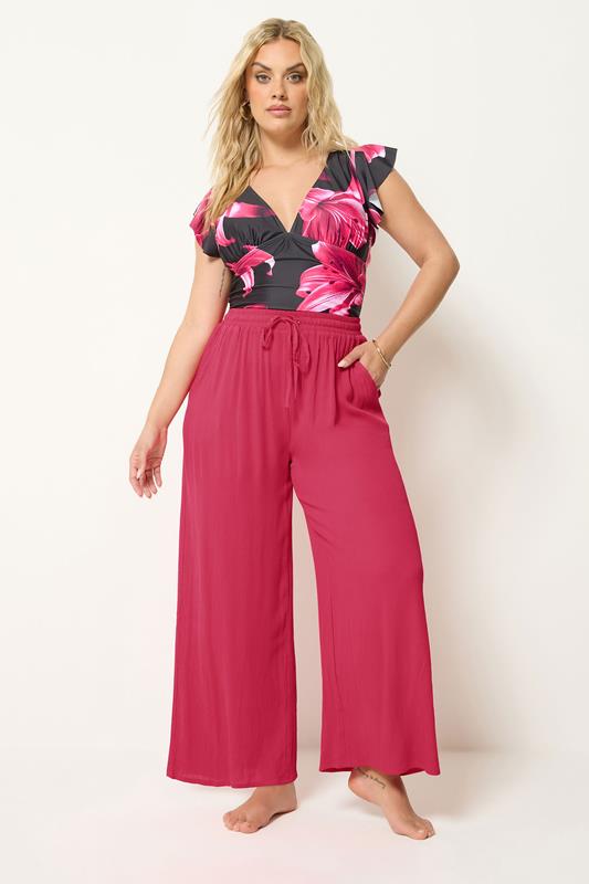  YOURS Curve Hot Pink Crinkle Texture Wide Leg Trousers