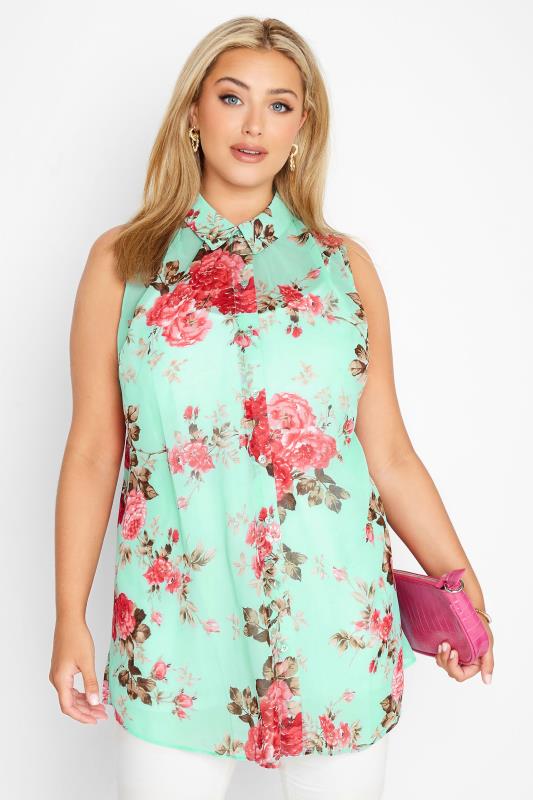 Plus Size Blue Floral Sleeveless Swing Blouse | Yours Clothing 1