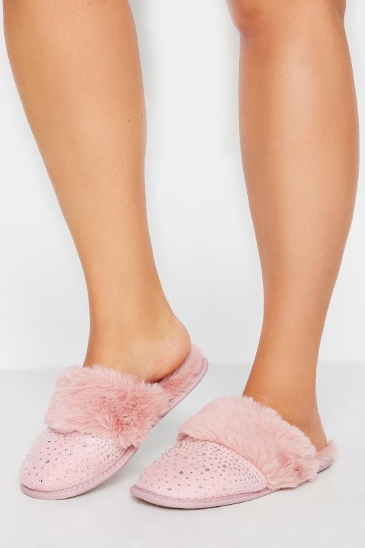  Pink Diamante Faux Fur Slippers In Wide E Fit