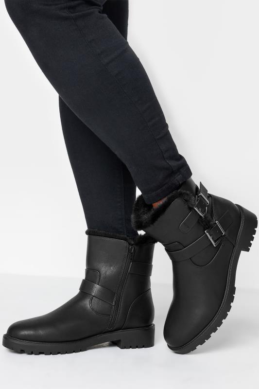  Grande Taille Black Faux Fur Lined Biker Boot In Wide E Fit & Extra Wide EEE Fit