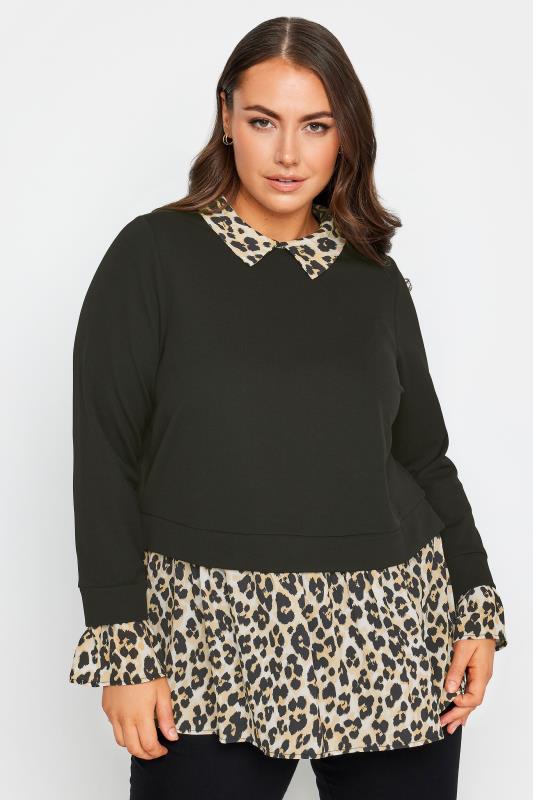 YOURS Plus Size Black Leopard Print 2 In 1 Shirt Jumper | Yours Clothing 1