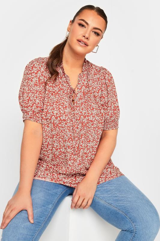 YOURS Plus Size Red Floral Print Tie Neck Blouse | Yours Clothing 1