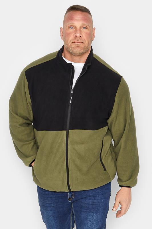 JACK & JONES Big & Tall Olive Green Panel Zip Fleece Jacket | BadRhino 1