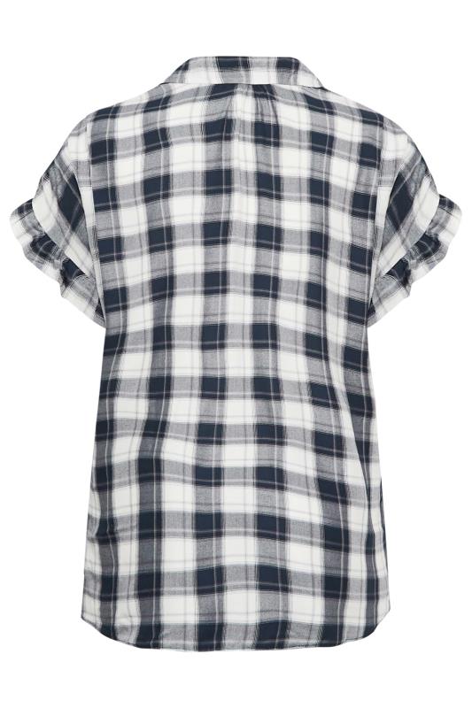 YOURS Plus Size Navy Blue Check Print Frill Sleeve Collared Shirt | Yours Clothing 7