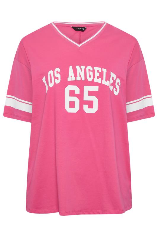 YOURS Curve Plus Size Hot Pink 'Los Angeles' Slogan Varsity T-Shirt | Yours Clothing  7