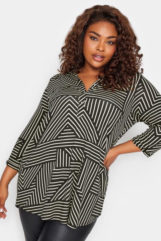 YOURS Plus Size Black Geometric Stripe Print Jersey Shirt | Yours Clothing 1