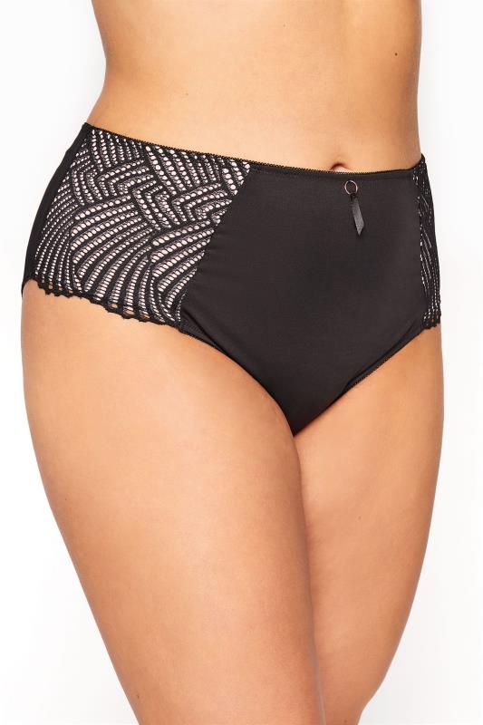 Plus Size Black Pointelle Lace Cuff High Waisted Full Briefs | Yours Clothing 2