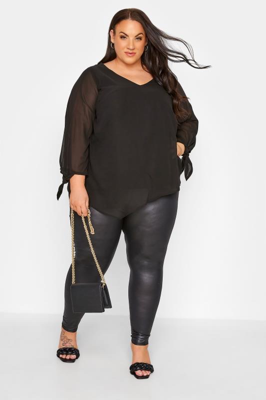 YOURS LONDON Plus Size Black Tie Sleeve Chiffon Blouse | Yours Clothing 2