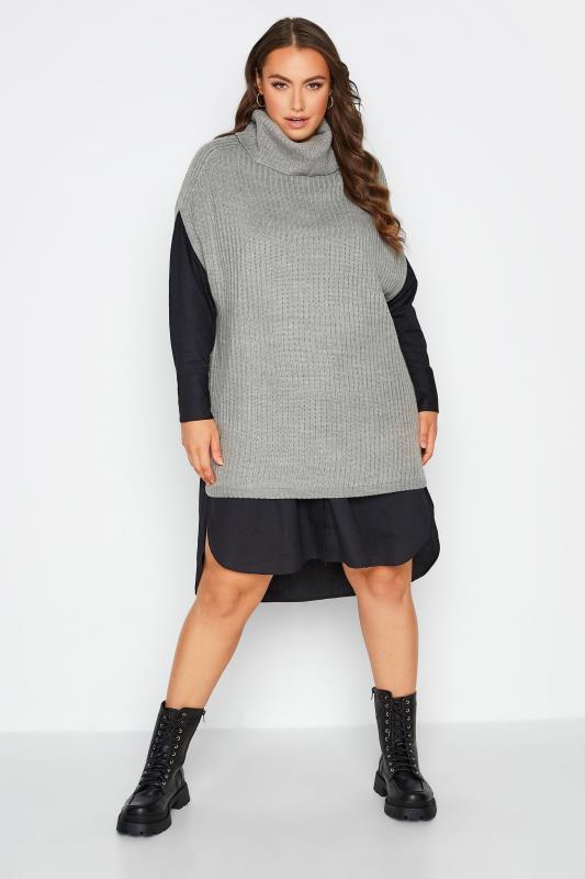 Plus Size Curve Grey Ribbed Knit Tabard Vest Top | Yours Clothing 2