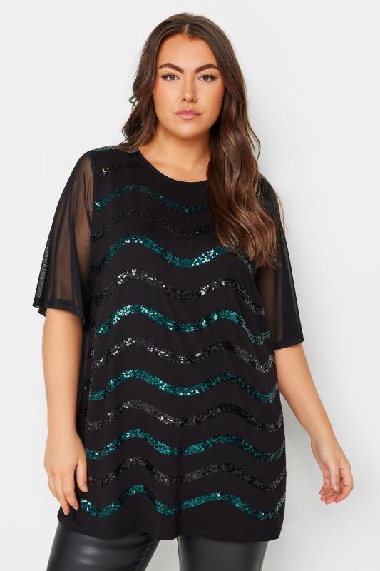YOURS Plus Size Black & Blue Sequin Embellished Mesh Sleeve Top | Yours Clothing 1