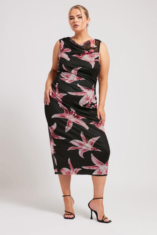YOURS LONDON Plus Size Black Floral Print Slash Neck Dress | Yours Clothing 4