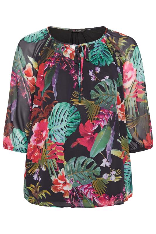 YOURS Plus Size Black Tropical Print Tie Neck Blouse | Yours Clothing 5