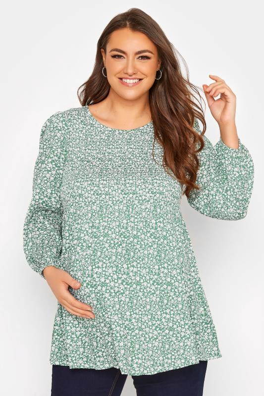 BUMP IT UP MATERNITY Curve Green Ditsy Print Shirred Swing Top 1