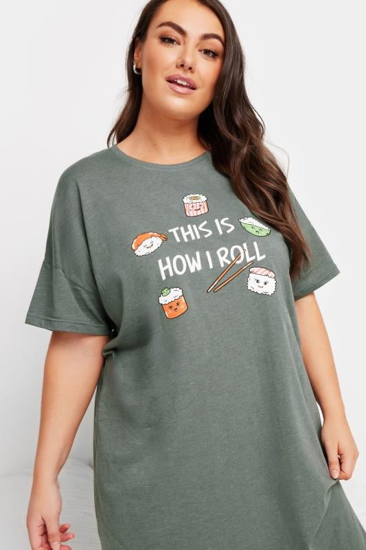 YOURS Plus Size Grey Sushi Print Sleep Tee Nightdress | Yours Clothing 4