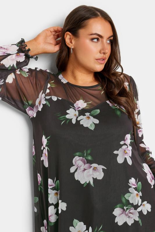 YOURS Curve Black Mesh Floral Swing Top | Yours Clothing 4