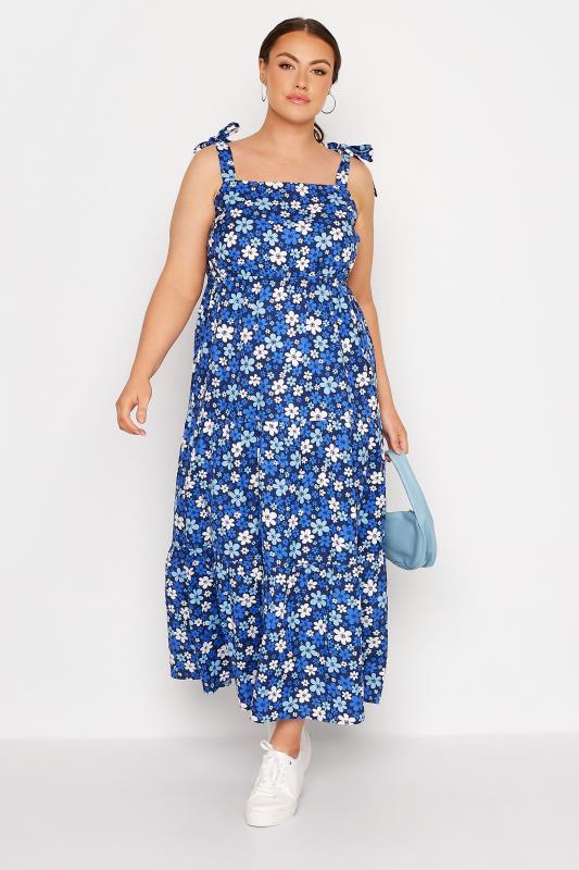 LIMITED COLLECTION Curve Blue Retro Floral Tiered Strappy Sundress 2