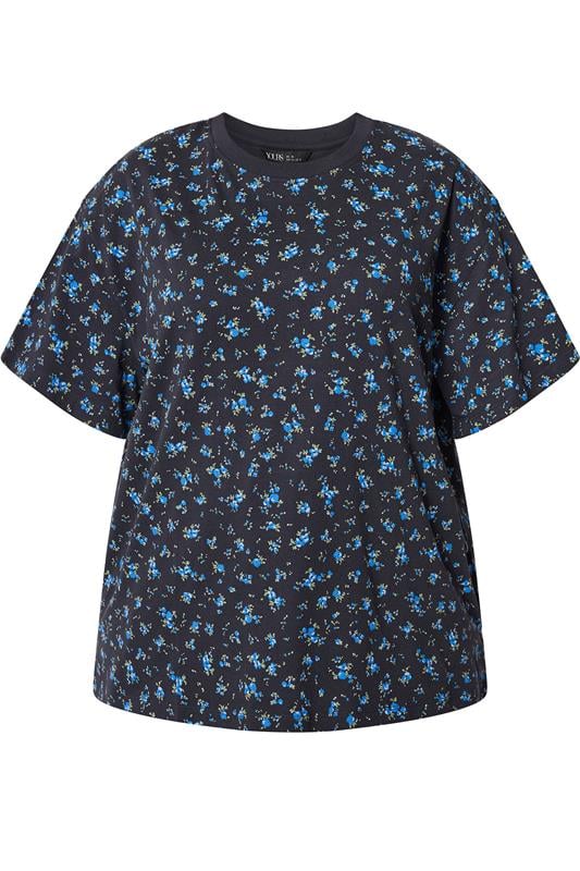 YOURS Plus Size Navy Blue Ditsy Floral Boxy T-Shirt | Yours Clothing 5