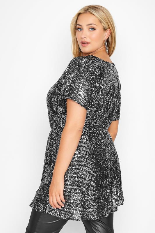 YOURS LONDON Plus Size Silver Sequin Embellished Peplum Top | Yours Clothing 3