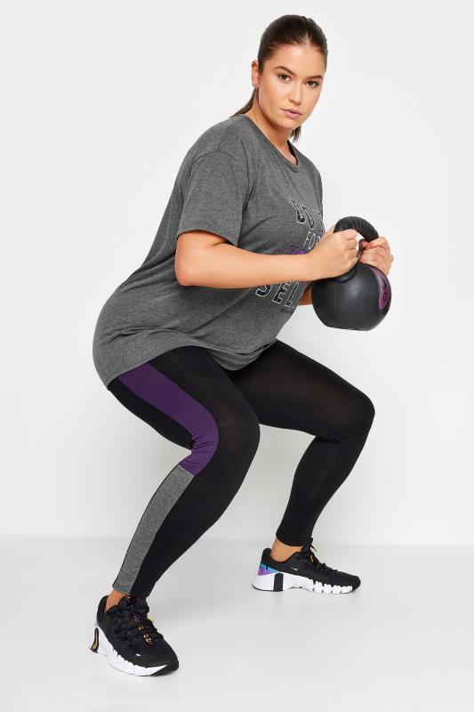 YOURS ACTIVE Plus Size Black & Purple Side Stripe Leggings | Yours Clothing 3