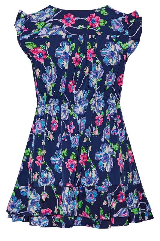 Curve Navy Blue Floral Print Frill Sleeve Smock Top 5