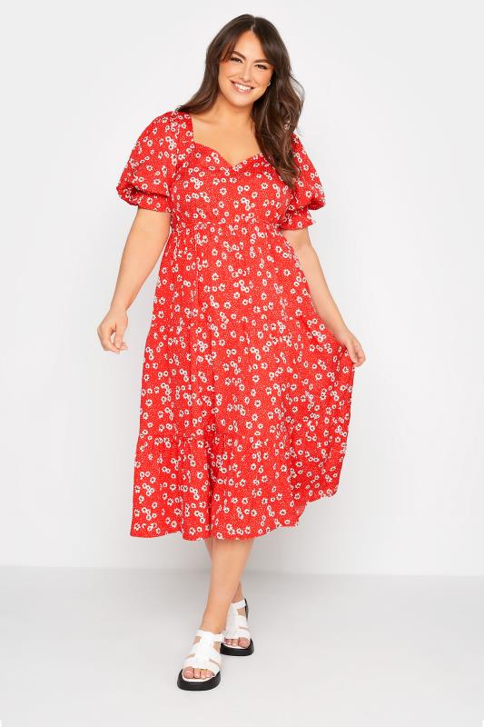 LIMITED COLLECTION Curve Red Floral Print Puff Sleeve Midi Dress 2