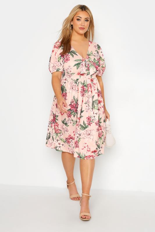 YOURS LONDON Curve Pink Floral Print Bow Front Midi Dress 1