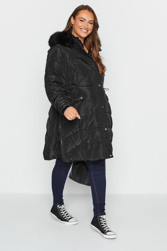 BUMP IT UP Maternity Plus Size Black Panelled Puffer Midi Coat | Yours Clothing 2