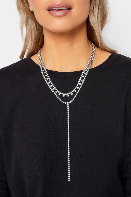 Plus Size  Long Silver Double Layer Diamante Necklace