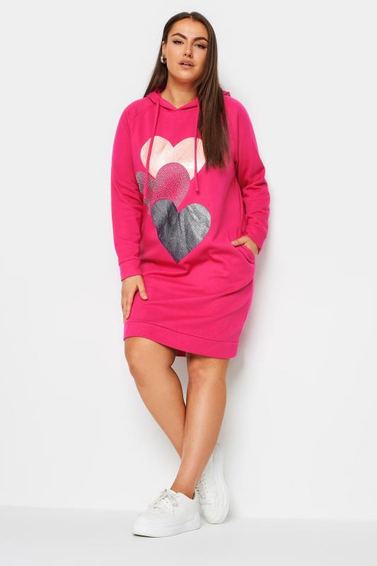 YOURS Plus Size Pink Heart Print Hoodie Dress | Yours Clothing 1